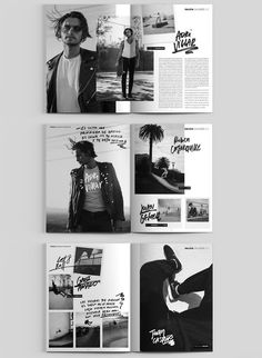 an open magazine is shown with black and white images on the front, side and back pages