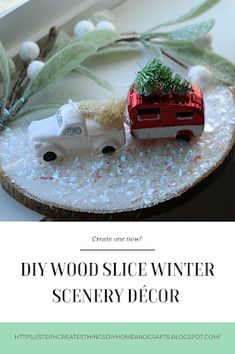 a wooden slice with a car and christmas tree on it