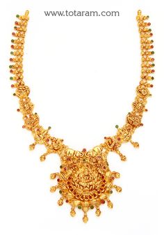 22 Karat Gold 'Lakshmi Ganesha' Necklace with Color Stones (Temple Jewellery) - 235-GN3812 - in 30.800 Grams for USD $2495.79. 
Made in India by Totaram Jewelers Online this product is in Gold - 22 Karat BIS Hallmark 916 KDM Gold  & is an excellent gift for Adult - Women. Ships fully insured with secured guaranteed delivery for free with your order over $250 from New Jersey USA & comes with 30 days exchange policy. Luxury Fusion Style Temple Necklace In 22k Gold, Luxury 22k Gold Temple Necklace For Ceremonial Occasions, Luxury Gold Bollywood Temple Necklace, Luxury Temple Necklace For Diwali Gift, Luxury Gold Dual-tone Temple Necklace, Luxury Temple Necklace For Navratri Gift, Luxury Yellow Gold Temple Necklace For Puja, Luxury Brass Temple Necklace For Festive Season, Luxury Red Temple Necklace For Gift