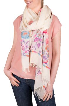 Add the perfect finishing touch to your ensemble with this frayed-trim cotton scarf patterned with a colorful floral print. 39" W x 75" L Cotton Hand wash, line dry Imported Bohemian Cotton Scarf With Floral Print, Bohemian Cotton Scarves With Floral Print, Summer Cotton Scarf With Floral Print, Cream Floral Print Scarves For Spring, Beige Floral Print Scarves For Spring, Spring Bohemian Pashmina Scarves, Beige Floral Print Scarf For Spring, Bohemian Beige Pashmina Shawl, Bohemian Pashmina Scarves For Spring