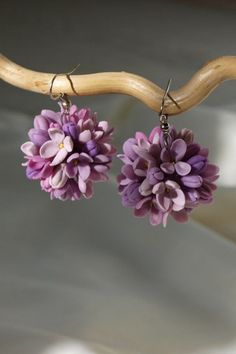 two purple flowers are hanging from a branch