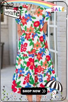 Multicolor Flutter Sleeve V Neck High Waist Floral Midi Dress Multicolor V-neck Midi Dress With Ruffle Hem, Colorful Pattern Maxi Dress For Spring Day Out, Summer Multicolor Ruffle Hem Maxi Dress, Summer Multicolor Maxi Dress With Ruffle Hem, Multicolor Ruffle Hem Maxi Dress For Summer, Multicolor Maxi Dress With Ruffle Hem For Summer, White Vibrant Print Dress For Garden Party, Casual Multicolor Print Dress For Garden Party, Casual Multicolor Dress For Garden Party