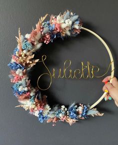 Wreath stabilized and dried flowers blue and pink theme Wooden crown T60cm Flower Crowns And Fearsome Things, Winter Floral Crown, Blue Flower Crown Aesthetic, Floral Hoop Wreath Nursery, Dried Flower Moon Wreath, Embroidery Hoop Decor, Pink Themes, Door Wreath Hanger, Embroidery Hoop