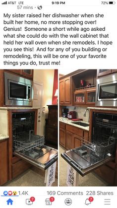 two pictures of the same kitchen with different appliances in it, and one has an empty dishwasher