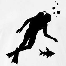 a silhouette of a man diving with fish in the water and bubbles coming out of his mouth