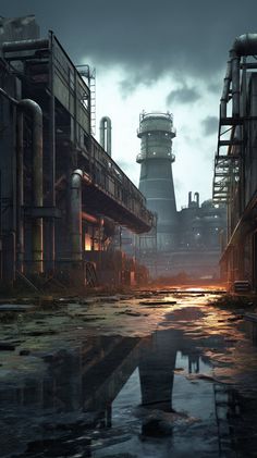 an industrial area with pipes and water