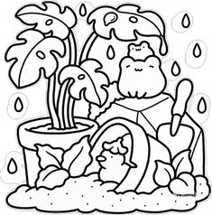 a black and white drawing of a potted plant with rain drops on the ground