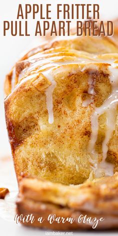 an apple fritter pull apart bread with a glaze drizzled on top