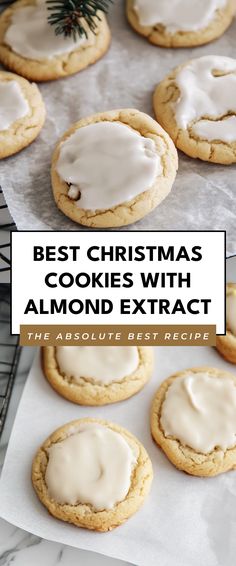 cookies with white frosting on top and the words best christmas cookies with almond exact