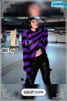 Gothic Sweater Women Knitted Grunge Striped Pullovers Punk Hollow Out Loose Jumper Goth Alternative Clothing Emo Y2k Top Emo Style Winter Top For Concert, Emo Style Top For Winter Concert, Emo Style Tops For Concerts In Winter, Trendy Purple Sweater For Streetwear, Halloween Punk Style Streetwear Sweater, Punk Halloween Sweater For Streetwear, Edgy Oversized Halloween Sweater, Alternative Long Sleeve Halloween Sweater, Oversized Edgy Sweater For Halloween