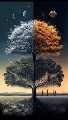 two trees with different colors and shapes