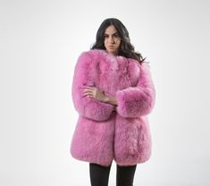 Fluffy Fox Fur Jacket. Pink Color. Long hair fur pelts. Fur Jacket with eye hook closures. 80 cm length. High-quality craftsmanship. Body proportions (cm) of the model on the photo: Height 1.76 Bust 86 Waist 65 Hips 92. Real colors may vary slightly from the color on your screen. Check this product on several screens to have a better view. Fur Coat Outfit Casual, Pink Faux Fur Coat, Pink Fur Coat, Ladies Jackets, Fox Fur Jacket, Pink Fox, Fur Clothing, Pink Fur, Long Wool Coat