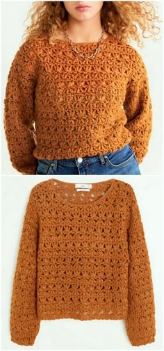 a woman wearing an orange sweater with crochet on the front and back side