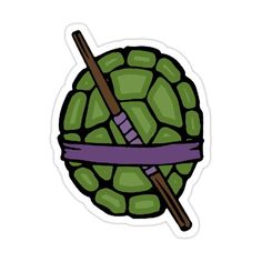 a sticker with a purple ribbon around it and a green ball on top of it