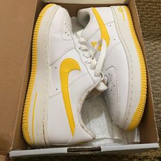 Size 5y Worn A Handful Of Times Rare Yellow And White Air Forces Need A Simple Clean And Will Look Brand New Mustard Casual Sneakers With Round Toe, Casual Mustard Sneakers With Round Toe, Casual Mustard Sneakers For Streetwear, Yellow Sporty Sneakers With Gum Sole, Casual Low-top Sneakers With Yellow Stitching, Nike Mustard Round Toe Sneakers, Yellow Round Toe Sneakers For School, Comfortable Yellow Sneakers For Sports, Casual Sneakers With Yellow Stitching For Streetwear