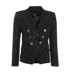 double-breasted blazer from Balmain Kids featuring black, metallic threading, sequin embellishment, peak lapels, double-breasted button fastening and long sleeves.Composition: Cotone, 47% , Lino, 25% , Poliestere, 20% , Viscosa, 5% , Poliestere Metallizzato, 2% , Poliammide, 1% Designer Double-breasted Outerwear For Party, Luxury Party Blazer With Double-breasted Button Fastening, Luxury Party Blazer With Double-breasted Button, Designer Party Blazer With Button Closure, Fall Embellished Outerwear With Notch Lapel, Luxury Double-breasted Outerwear For Party, Luxury Party Outerwear With Double-breasted Buttons, Tailored Party Blazer With Buttons, Tailored Double-breasted Party Blazer