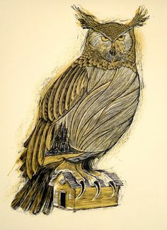 a drawing of an owl sitting on top of a house