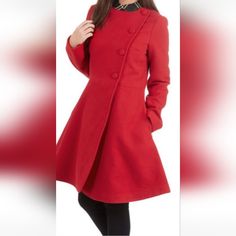 Ladies Red, Very Flattering Light Weight Coat. Double Breasted And Fitted, With A Black And White Lining. So Soft To The Touch. Red Stand Collar Outerwear With Buttons, Red Outerwear With Stand Collar And Button Closure, Red Coat, A Black, Double Breasted, Jackets & Coats, Jackets For Women, Black And White, Red