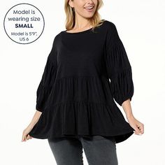 DG2 by Diane Gilman Puff-Sleeve Tiered Top  Dress up your favorite pants or jeans with this soft-knit peasant top. Tiered Tops, Fashion Friday, Peasant Tops, Draped Fabric, Top Dress, Soft Knits, Chambray, Puff Sleeve, Design Trends