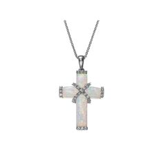 Accessorize in style with this sterling silver lab-created opal & white sapphire cross pendant necklace. Click on this JEWELRY & WATCHES GUIDE to learn about fit, styles, materials and more! Accessorize in style with this sterling silver lab-created opal & white sapphire cross pendant necklace. Click on this JEWELRY & WATCHES GUIDE to learn about fit, styles, materials and more! FEATURES Pendant size: 36.4" x 20.1" Chain length: 18 in. Chain type: rolo Clasp: lobster-claw Nickel free Metal: ster Elegant White Crucifix Necklace, White Diamond Accented Crucifix Jewelry, White Crucifix Necklace In Fine Jewelry Style, White Crucifix Necklace Fine Jewelry, White Crucifix With Diamond Accents Jewelry, White Crucifix With Diamond Accents, White Sterling Silver Cross Jewelry, White Crucifix Fine Jewelry, Elegant White Sterling Silver Cross Necklace