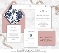 the wedding stationery is shown with an envelope and matching cards