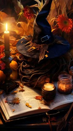 an open book sitting on top of a table next to a candle and pumpkins