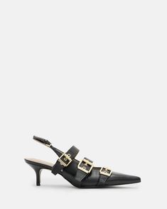 Grace Leather Buckle Slingback Heels Black | ALLSAINTS US Chain Top, Point Shoes, Chain Links, Slingbacks, Midi Skirts