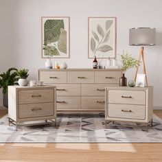 a living room scene with focus on the dressers and sideboards, which are decorated in neutral tones