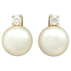 An impressive pair of vintage European cultured pearl and 0.06 carat diamond, 14 karat yellow gold stud earrings; part of our diverse pearl jewelry collections. These fine and impressive vintage pearl stud earrings have been crafted in 14k yellow gold. Each earring is ornamented with a feature 7.95mm cultured pearl. The pearls are each flanked to the upper border with a four claw set modern brilliant round cut diamond. The earrings secure to the reverse with a 14k yellow gold post and butterfly Yellow Gold Stud Earrings, Vintage European, Gold Stud Earrings, Women Diamond, Vintage Pearls, Pearl Diamond, Gold Stud, Lovely Jewellery, Pearl Stud Earrings