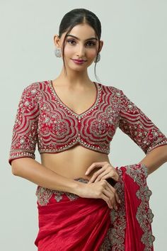 Red raw silk blouse with all over floral, scallop hand embroidery using zari work. - Aza Fashions Red Saree Blouse, Raw Silk Blouse, Jayanti Reddy, Saree Blouses Online, Women Saree, Saree Blouses, Red Saree, Zari Work, Red Blouses