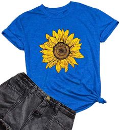 PRICES MAY VARY. 🌼【Premium Fabrics】Suggest hand/machine wash cold water, dry flat, not bleach. Do not tumble dry. This summer sunflower graphic tops for women are made of high-quality material. Soft and smooth. 65% Cotton, 35% Polyester t-shirt. Comfortable and has a good stretch. Comfy sunflower printed tee tops, novelty funny sunflower shirts top women. Soft fabric with a little stretchy, breathable to wear. It's not only light but also absorbs sweat. 🌼【Design】Sunflower shirts for women. Uni Sunflower Graphic, Summer Sunflower, Sunflower Shirt, Casual Tees, Loose Tees, Top Shirt Women, Blouse Tops, Bottoming Shirt, Crewneck Dress