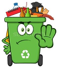 a cartoon green trash can with many things in it's bin and making a hand gesture