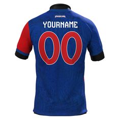 a blue and red soccer jersey with the number 00 on it's left chest