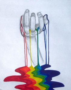 a drawing of a multicolored object on white paper with water drops coming out of it