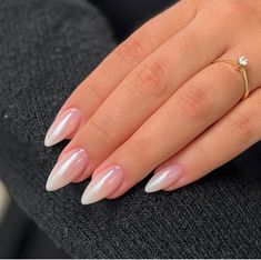 Bridal Nails Classy, Mid Almond Nails, Almond Shimmer Nails, French Tip Rounded Nails, Natural Bridal Nails, Almond White Pearl Nails, Pearly White Almond Nails, Short Stilleto Nails 2024, Glass Effect Nails