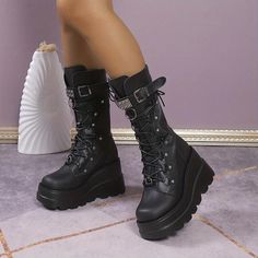 Category:Boots; Upper Materials:PU; Season:Winter; Heel Type:Platform,Chunky Heel; Gender:Women's; Toe Shape:Round Toe; Type:Mid Calf Boots; Style:Industrial Style,Fashion,Gothic,Comfort,Punk; Heel Height(inch):2-3; Outsole Materials:Rubber; Occasion:Outdoor,Daily,Party; Closure Type:Lace-up; Pattern:Solid Color; Listing Date:09/24/2023; 2024 Trends:Plus Size,Combat Boots,Platform Boots,Lace Up Boots,Height Increasing Shoes Winter Heels, Wedge Heel Boots, Anime Base, Faux Leather Heels, Selena Quintanilla, Estilo Punk, Zipper Boots, Platform Heels Chunky, Combat Boot