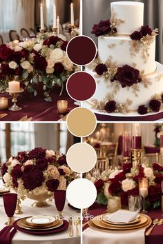 a wedding cake with red and white flowers on it, surrounded by gold plates and candles