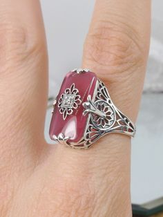 Petal Pink Glass Ring Antique Silver Jeweled Jewelry, Silver Jeweled Ring For Anniversary, Antique Jeweled Silver Jewelry, Jeweled Wedding Ring, Antique Jeweled Jewelry, Elegant Silver Jeweled Ring, Elegant Filigree Ring With Intricate Design For Marriage, Silver Jeweled Jewelry For Anniversary, Ornate Formal Jewelry With Stone Setting