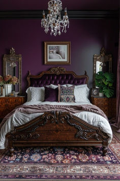 a bedroom with purple walls and an ornate bed in the middle, along with a chandelier