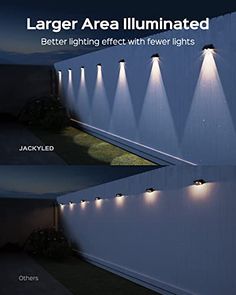 three different angles of the same light in front of a white wall with text that reads larger area illuminated better lighting effect with few lights