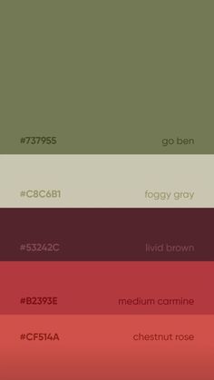 the color scheme for an interior paint swatch in shades of green, red and brown