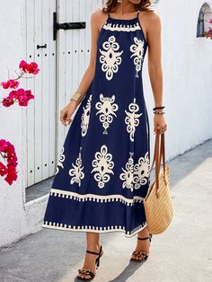 Women Summer Holiday Random Flower Print Long Loose Cami Dress Navy Blue Boho  Sleeveless Woven Fabric Floral,Geometric,Tribal,Plants,All Over Print Cami Non-Stretch  Women Clothing, size features are:Bust: ,Length: ,Sleeve Length: Blue A-line Sleeveless Dress For Vacation, Patterned Printed Sleeveless Dress For Beach, Sleeveless Summer Dress With Geometric Pattern, Sleeveless Geometric Pattern Summer Dresses, Geometric Pattern Dress For Summer Vacation, Patterned Floral Print Sleeveless Dress, Patterned Sleeveless Dress With Floral Print, Summer Sleeveless Patterned Maxi Dress, Bohemian Patterned Sleeveless Dress For Vacation