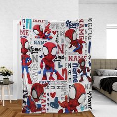 the shower curtain is decorated with spiderman's name and images on it,