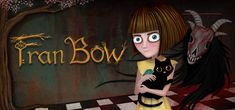 a girl holding a black cat in front of a sign that says tran bow on it