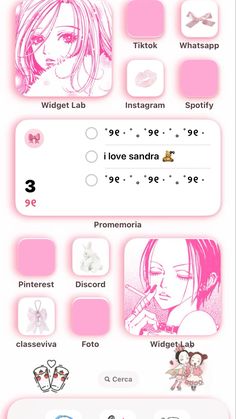 an info sheet showing the various types of anime characters and their names in pink colors