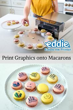 Print graphics onto macarons and other confections using Eddie, the Edible Ink Printer. Eddie Printer, Edible Image Printer, Cookies Frosting, Printed Cookies, Custom Macarons, Macaron Recipes, Edible Ink Printer, Wedding Macarons, Edible Printer