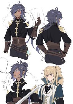 four different views of an anime character with long hair and blue eyes, wearing black clothing