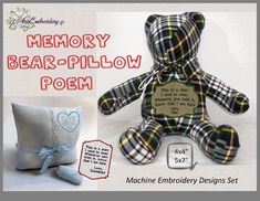 a teddy bear sitting next to a pillow with the words memory bear - pillow poem written on it