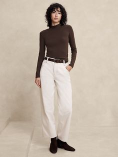 Ribbed Mock-Neck T-Shirt | Banana Republic Factory Casual Ribbed Mock Neck Top For Fall, Cotton Turtleneck Top For Fall, Trendy Ribbed Mock Neck Top For Fall, Casual Mock Neck Top Turtleneck For Fall, Casual Turtleneck With Ribbed Neckline For Work, Casual Mock Neck Top With Ribbed Neckline For Fall, Fall Mock Neck Top With Ribbed Neckline For Work, Casual Brown Turtleneck For Work, Casual Mock Neck Top For Work