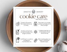 a cookie care instructions on a plate next to some doughnuts